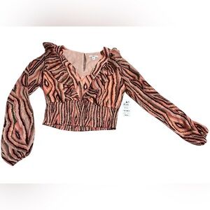 *NWT* BAR III V-Neck Bell Sleeve Ruched Waist Blouse, Pink & Brown. Size Medium